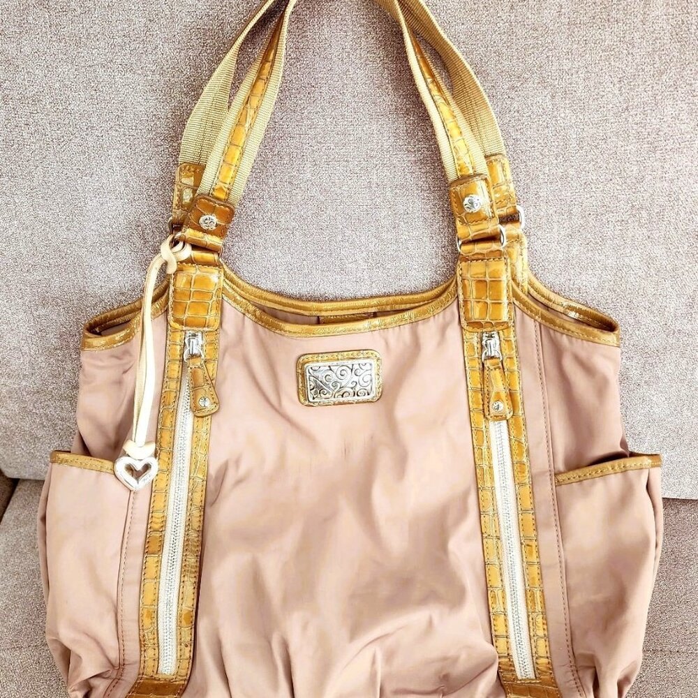 Vintage Khaki Brighton Shoulder Bag, Crocodile Leather Straps, Silver Heart